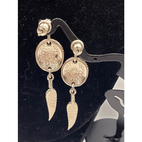 Silver-tone and Turquoise Shield w/Feathers Earrings - 1.75" inches - Picture 2 of 3